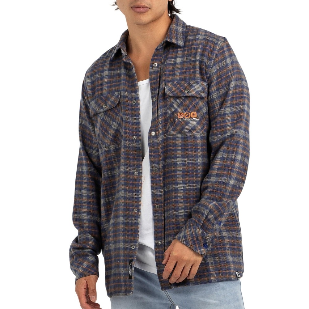 NWT‎ Rip Curl Blue Gray Plaid Ocean Tech Flannel Shirt Size Large